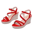 thumbnail image 4 of YDN Women Chic Platform Wedge Espadrilles High Heels Sandals Round Open Toe Ankle Strap Buckle Casual Vacation Shoes Size 7 Red, 4 of 5