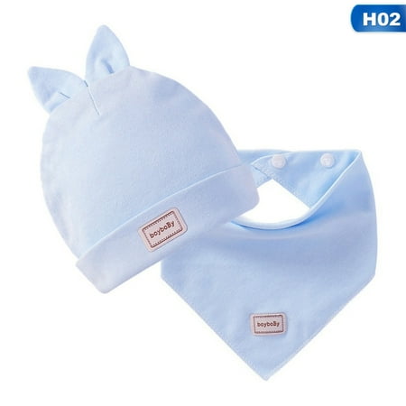 

HitUpon 2Pcs/Set Newborn Baby Soft Cotton Cap Warm Hat Beanie with Ears Triangle Towel Scarf Bib Kit for Boys and Girls