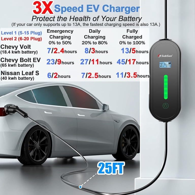 SubSun 16A Portable Level 1 & 2 EV Charger, 110V-240V, J1772, 25FT