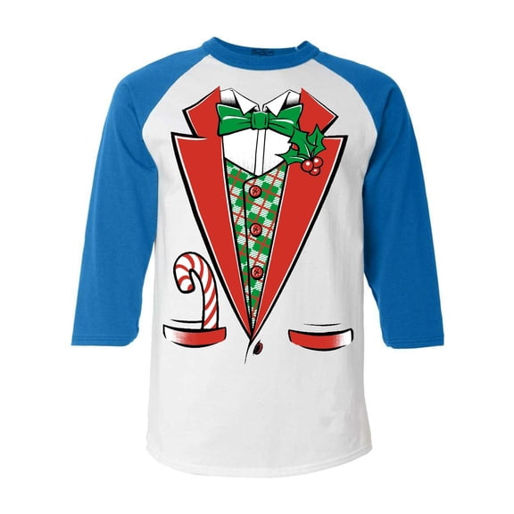 Shop4Ever Men's Christmas Tuxedo Costume with Plaid Vest Raglan Baseball Shirt Small White/Blue