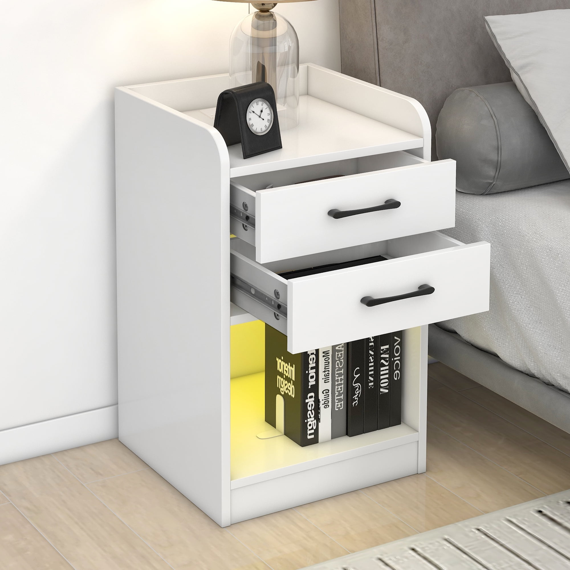 2 Drawers Nightstand, BTMWAY Modern White Nightstand with Drawers, Wood