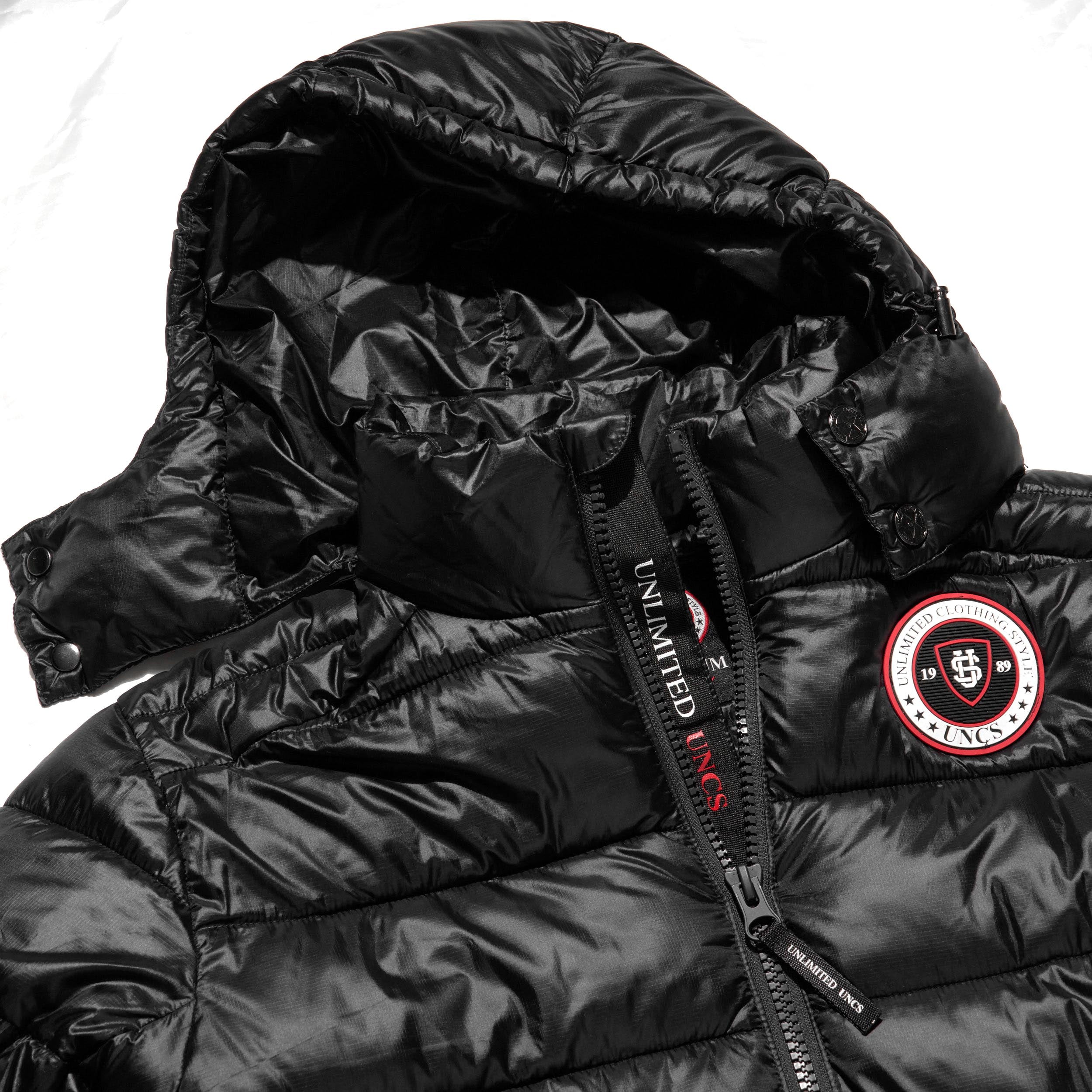 【Uniz】Black Coating Bomber Jacket Men's Winter Bomber Jacket - Shiny Black, Removable Hood, zipper