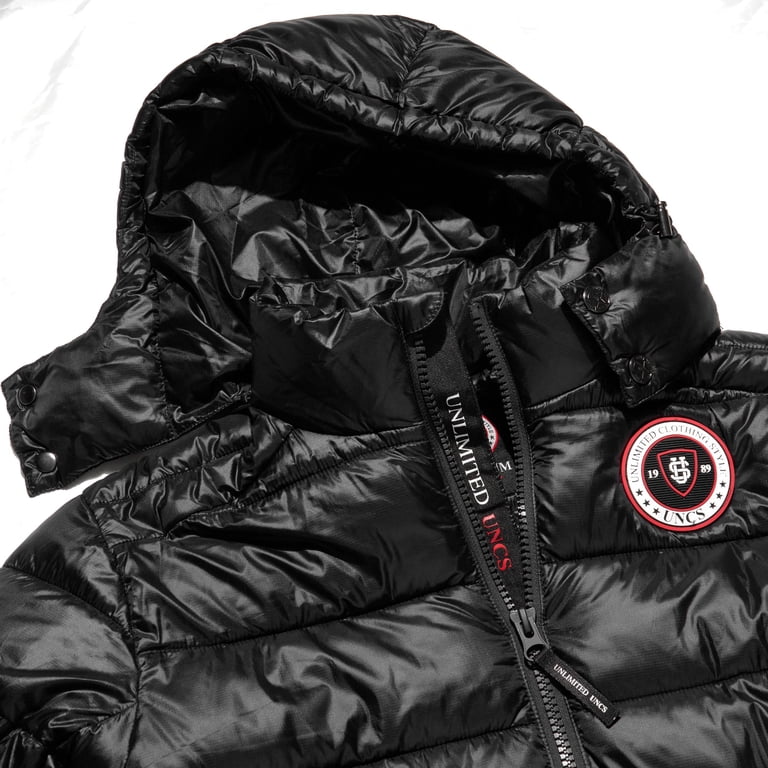 Men's Winter Bomber Jacket - Shiny Black, Removable Hood, zipper