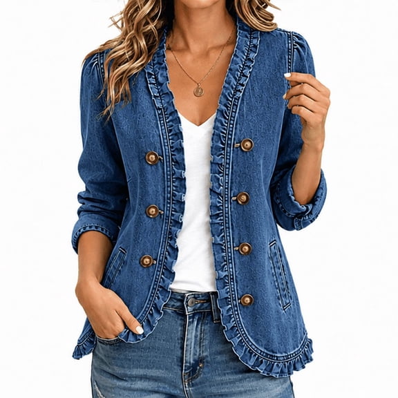 Dpjklzsn Women's Ruffle Trim Denim Jacket, Double Breasted Long Sleeve Casual Open Front Coat with Pockets