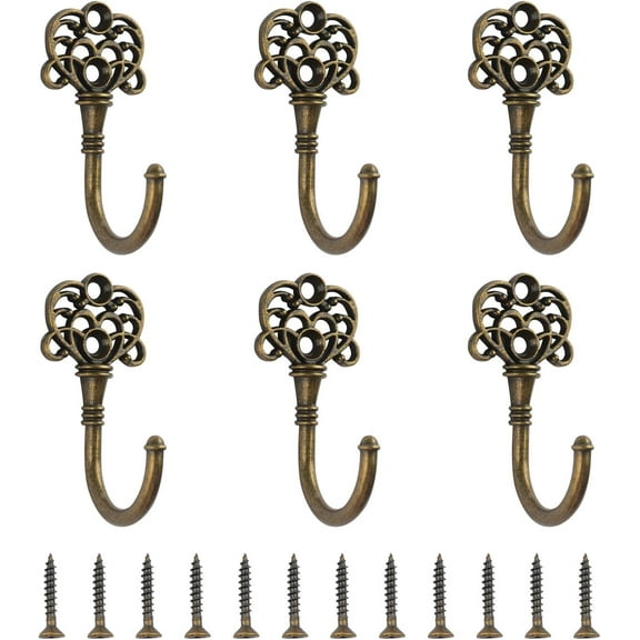 6PCS Wall Hooks, Antique Brass Vintage Hooks for Hanging Keys, Clothes, Hats, Purses, Cups, Wall-Mounted Utility Suitable for Entryway, Bedroom, Kitchen
