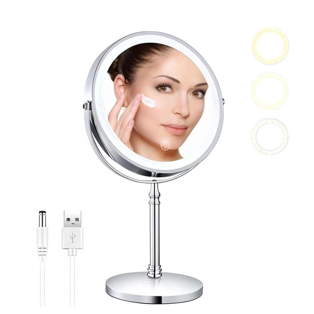 YUOY espejo de maquillaje con luz, equipado con luces LED y lupa de 10 aumentos, espejo de maquillaje de doble cara recargable de 8 pulgadas, hecho de aleación de aluminio
