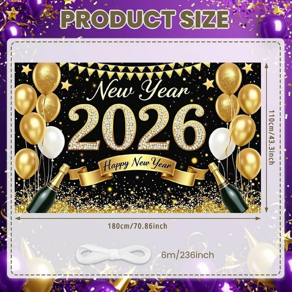 Gold Theme New Year Banner Fireworks Design 2026 Banner Clock Pattern Champagne Glass Elements Happy New Year Banner for New Year Party New Year's Eve Celebration 2026 New Year Event