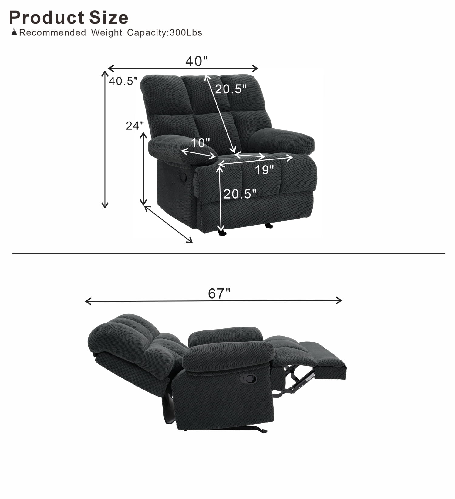 TiramisuBest Manual Rocker Recliner Chair,Nubby Fabric Upholstered Adjustable Lounge Chair with Thicked Armrests for Living Room,Dark Gray