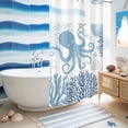 thumbnail image 5 of No Hook Shower Curtain, Navy Blue Octopus Coastal Shower Curtains for Bathroom with See Through Top Window, Nautical Coral Starfish Waterproof & Washable Bath Curtain Stand Up Stall 36"x72", 5 of 9