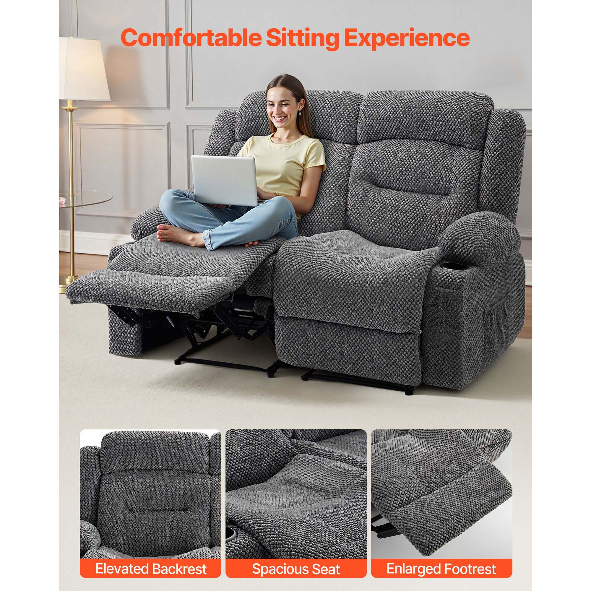 KFFKFF Manual Reclining Loveseat Sofa with Heating and Massage, Soft Corduroy Upholstery, USB Ports, Cup Holders, and Side Storage Pockets, Dual Recliner Couch for Living Room, Grey