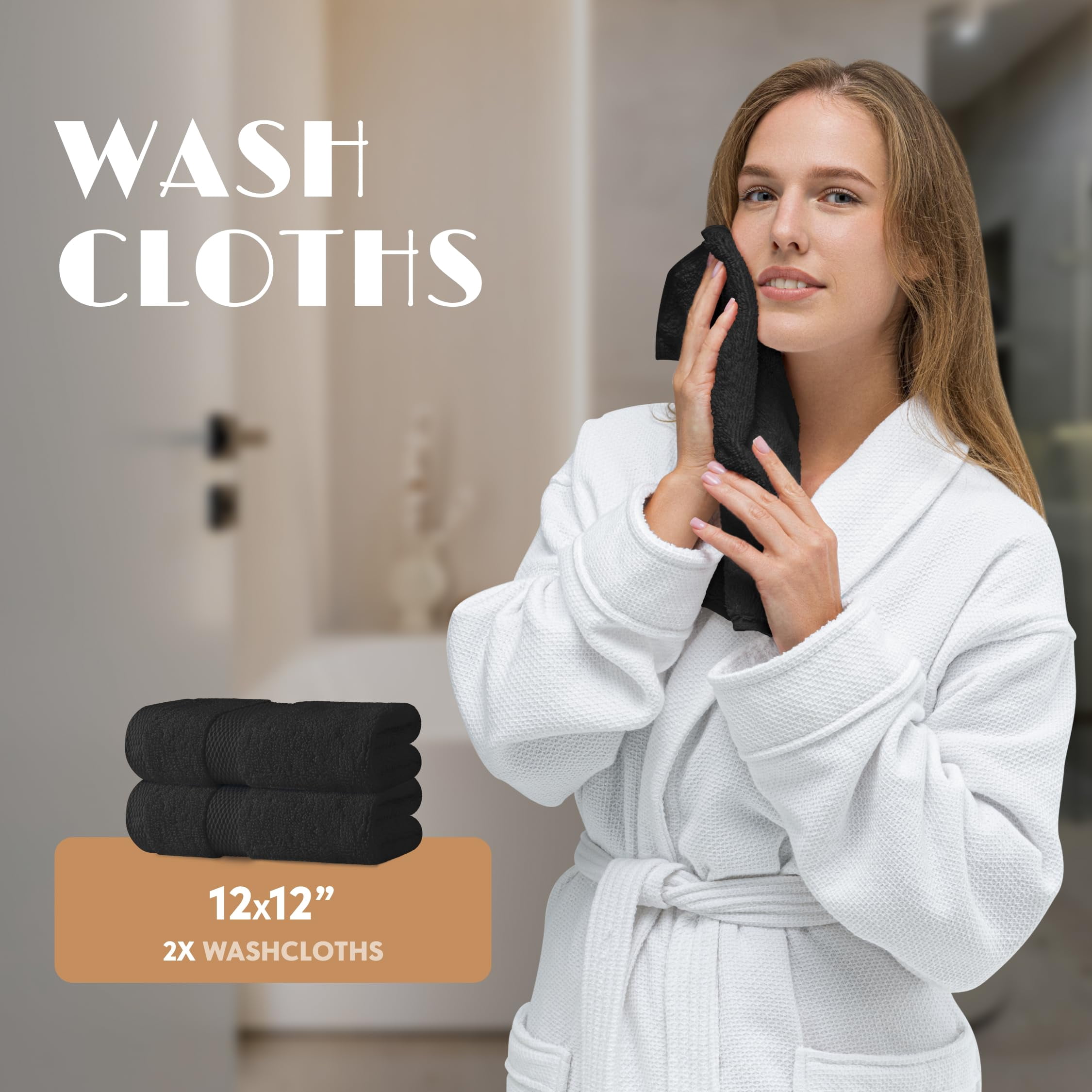 White Classic Black Bath Towel Set of 6 - 100% Cotton Highly Absorbent Towels for Bathroom, 2 Luxury Bath Towels 650GSM, 2 Hand Towels, 2 Washcloths