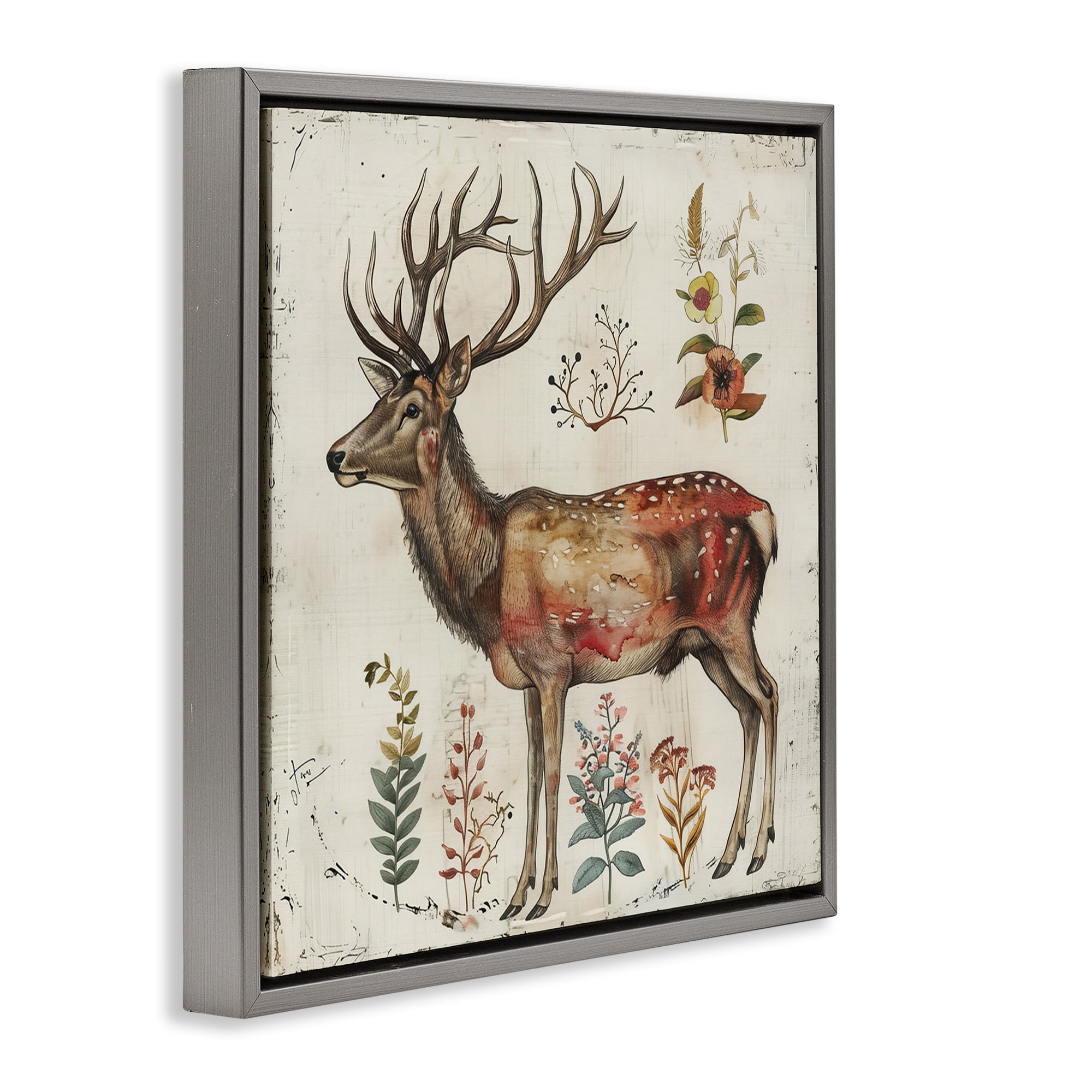 Stupell Industries Forest Elk with Botanicals Animals & Insects Painting Gray Floater Framed Canvas Art Print Wall Art, 18 x 18