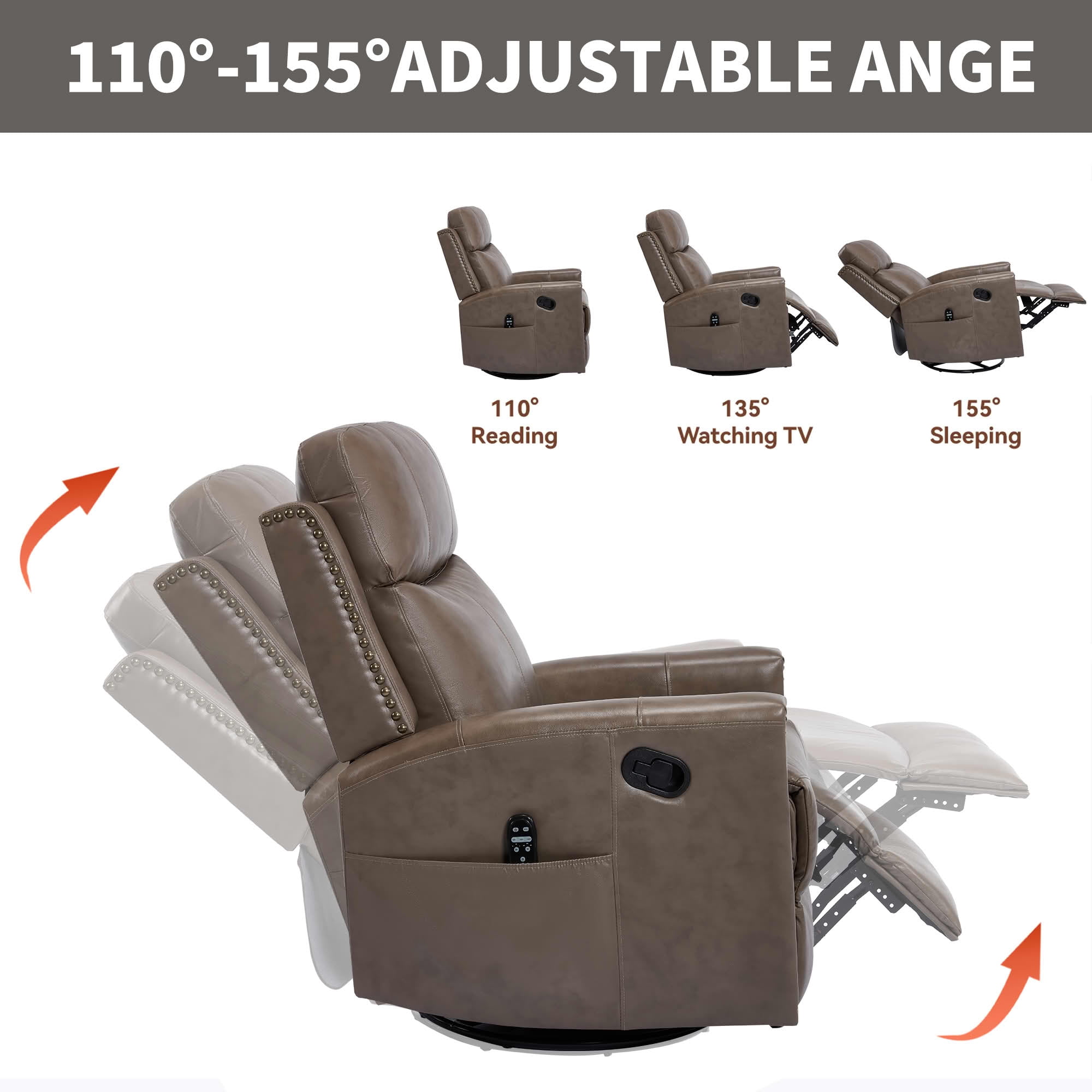 MAYEERTY Camel Brown Genuine Leather Manual Recliner Chair 360° Swivel Rocker 155° Recline with 8-Point Massage Heat for Living Room