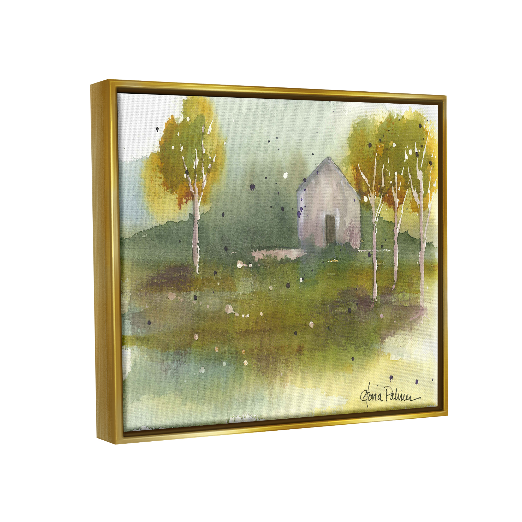 Stupell Industries Countryside Cottage Painting Landscape Painting Gold Floater Framed Art Print Wall Art