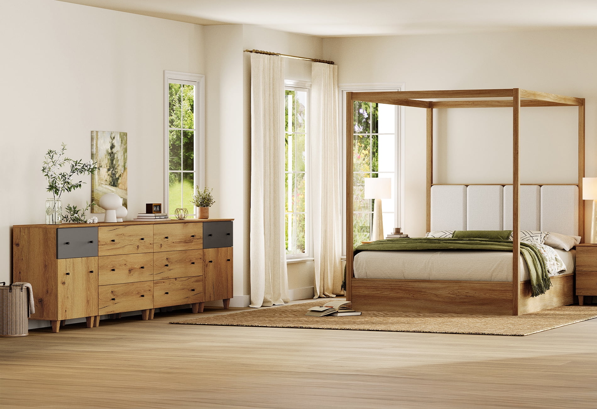 WAMPAT Modern Bedroom Furniture Set, Wooden Queen Size Canopy Bed Frame, 4-in-1 Spacious Dresser with 2 Storage Cabinets and 8 Drawers, Oak Brown