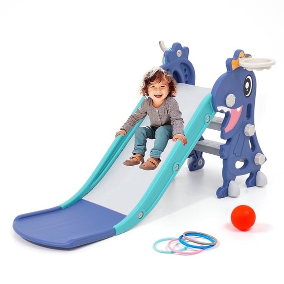 Ealing Indoor Toddler Slide for Ages 1-3,4 in 1 Baby Slide Climber Playset with Basketball Hoop and Ball,Blue