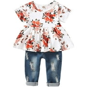 Girls Clothes Outfits, Cute Baby Girl Floral Short Sleeve Pant Set Flower Ruffle Top