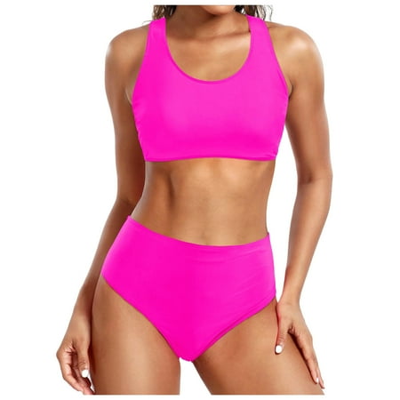 TOWED22 Women s Crop Top High Waisted Cheeky Bikini Set Solid Color Two Piece SwimsuitsHot Pink XL