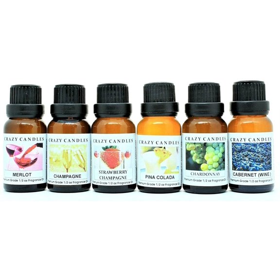 6 Bottle Set (Made in USA) 1 Merlot, 1 Cabernet, 1 Champagne, 1 Chardonnay, 1 Strawberry Champagne, 1 Pina Colada 1/2 Fl Oz Each (15ml) Premium Fragrance Oils