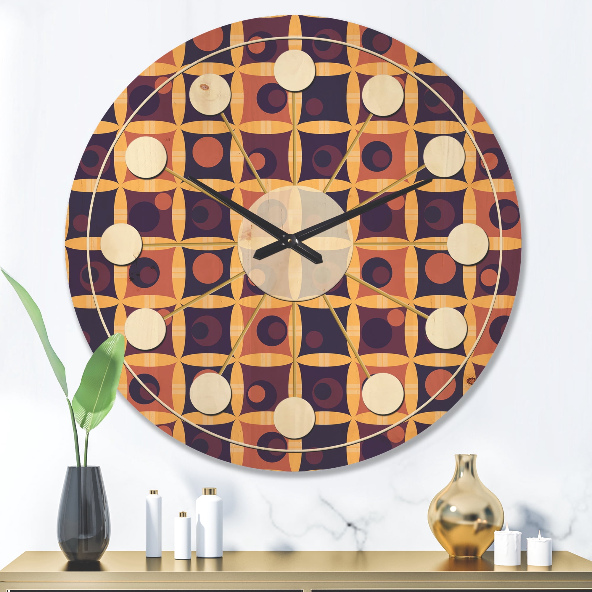 Designart 'Grid in Orange Retro' Mid-Century Modern Wood Wall Clock