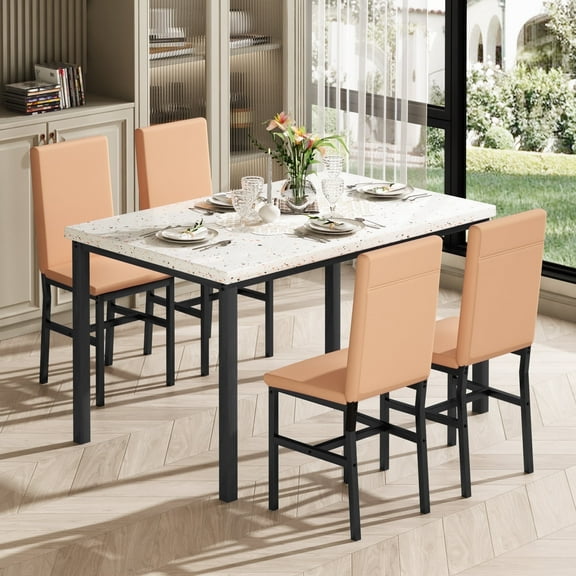 Cvortll 5 Pieces Dining Room Table Set for 4, Space Saving Kitchen Table and Chairs , Set with 4 Upholstered PU Leather Chairs and Faux Marble Tabletop,Khaki White