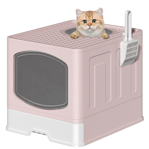 Cshidworld Large Foldable Cat Litter Box with Scoop, Front Entry Top Exit Cat Litter Pan with Lid, Enclosed Anti-Splashing Kitty Litter Box, Drawer Type Cat Litter Easy Cleaning and Scoop, Pink