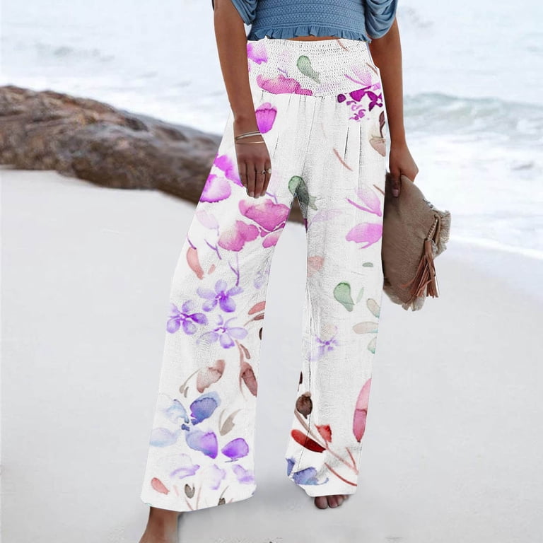 COSFO High Elastic Waisted Women's Pant Purple Floral Casual