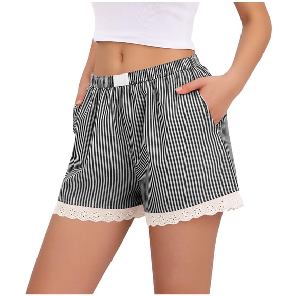 Inleife Women's Striped Lace Trim Elastic Waist Shorts Fashion Ladies Spring And Summer Lace Splice Pocket Cute Comfortable Casual Short Pants