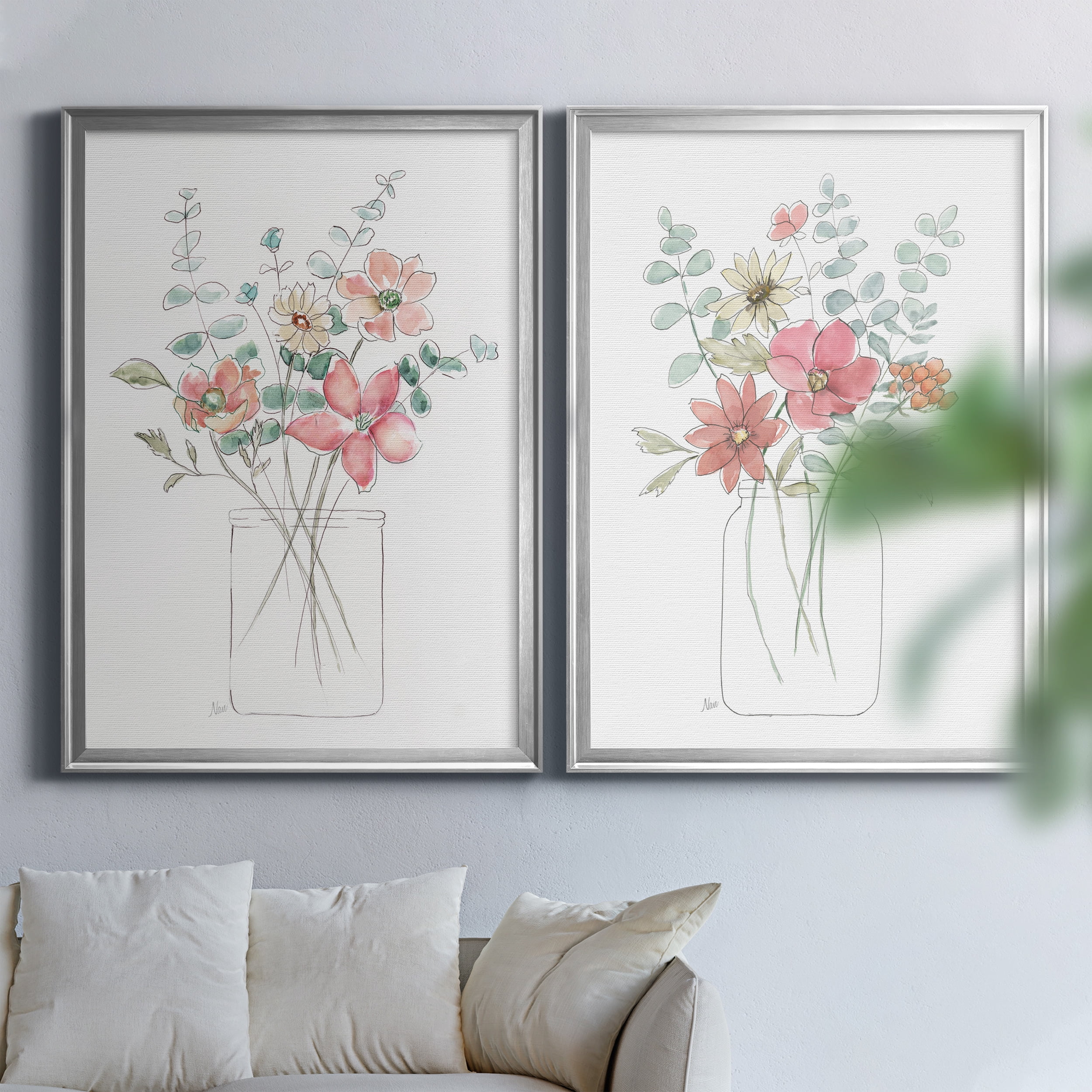 2 Piece Set Whimsical Wildflowers I Premium Framed Canvas - Ready to Hang - 26.5 x 36.5 Each - Silver Frame