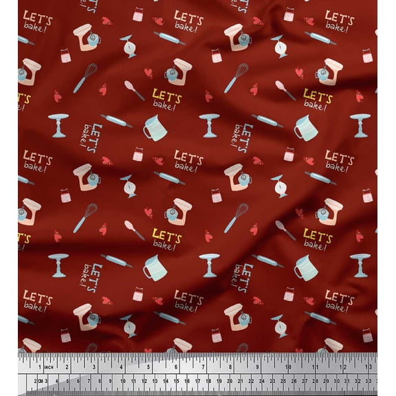 Soimoi Red Cotton Poplin Fabric Lets Bake Kitchen Printed Craft Fabric by the Yard 56 Inch Wide