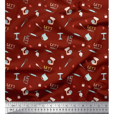 Soimoi Red Georgette Viscose Fabric Lets Bake Kitchen Print Sewing Fabric Yard 42 Inch Wide