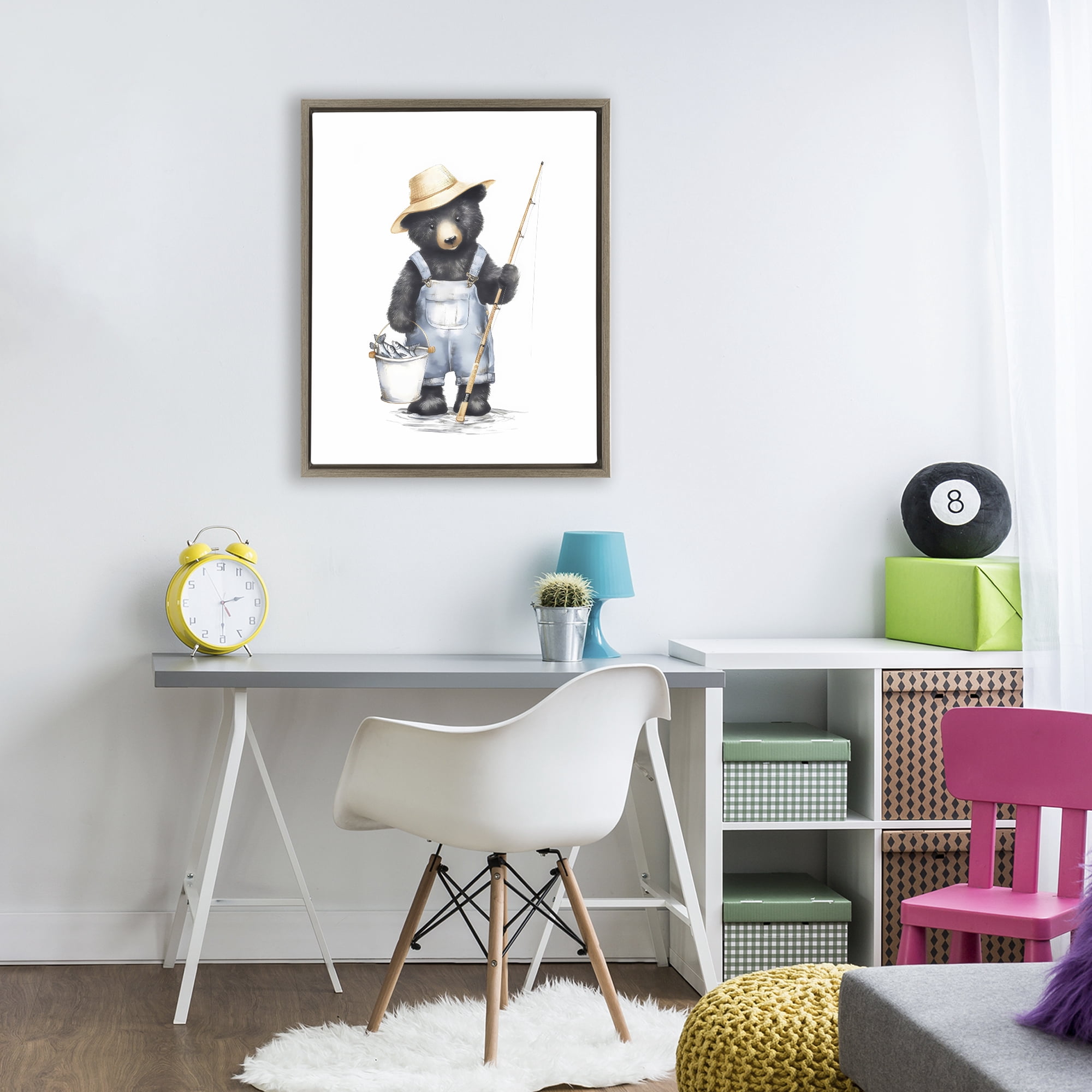 Stupell Industries Fishing Bear in Straw Hat Brown Framed Floater Canvas Wall Art, design by Arlington Prints