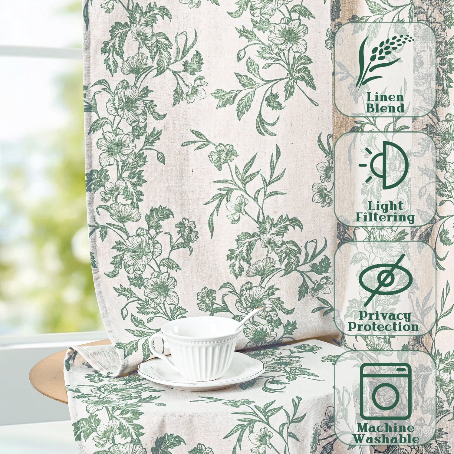 Alishomtll Floral Curtains for Living Room Farmhouse Country Linen Curtains Light Filtering Window Drapes,Sage Green ,52"x84", 2 Panels