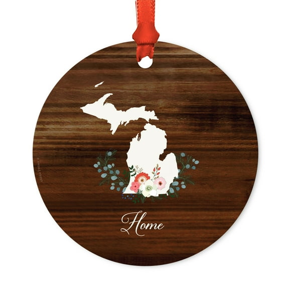 US State Round Metal Christmas Ornament, Rustic Wood with Florals Home, Michigan, Includes Ribbon and Gift Bag