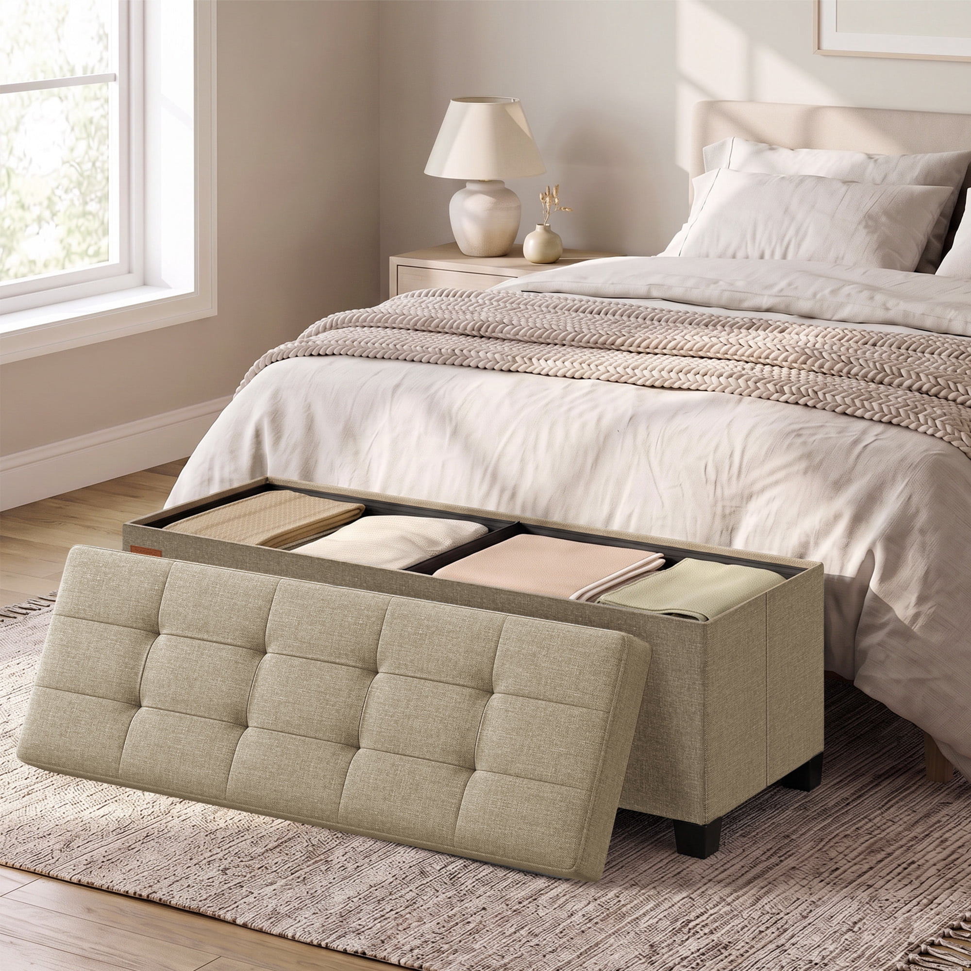 Ledrem Large Folding Storage Ottoman Bench with Footrest, Camel Brown