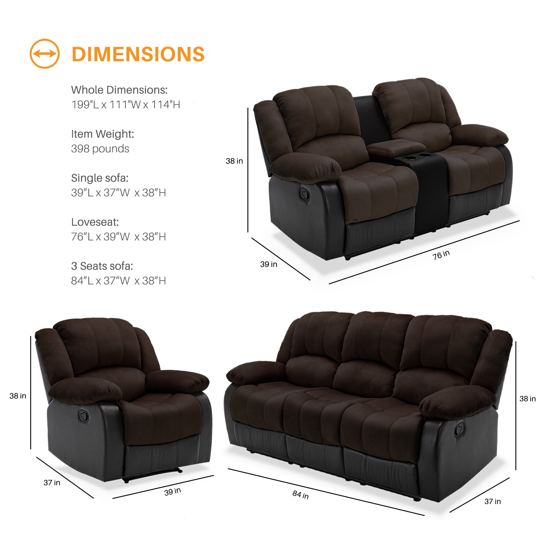 Dartmouth 3 Piece Power Reclining Sofa With Console Chocolate