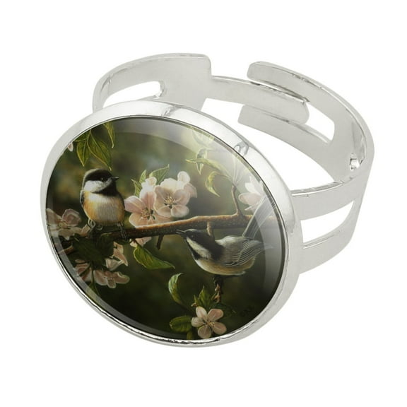 Chickadees Songbirds Spring Blossoms Silver Plated Adjustable Novelty Ring
