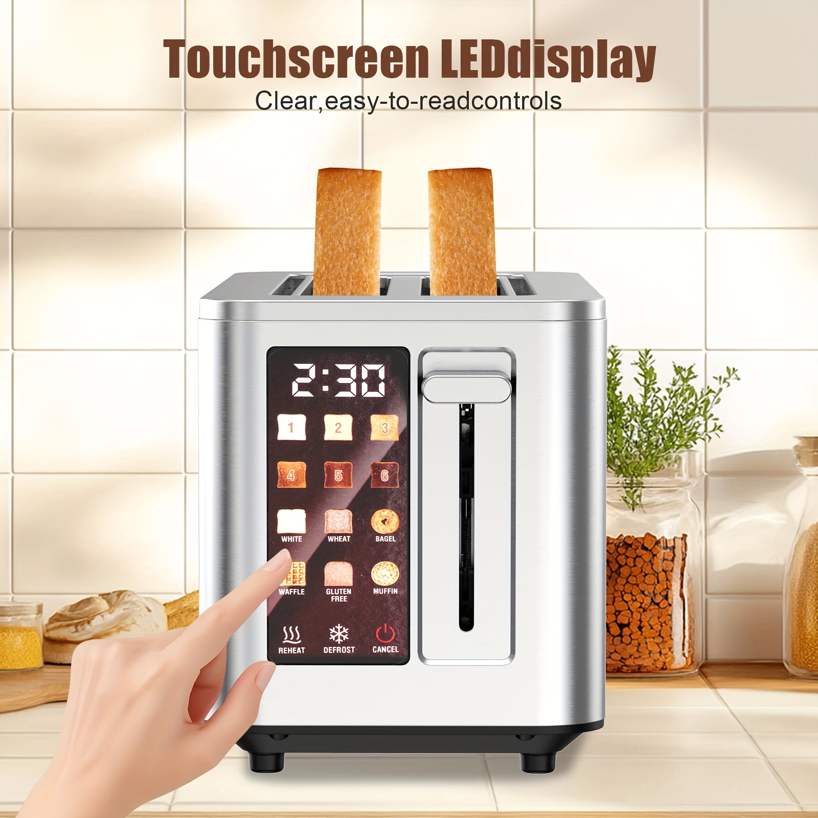 2 Slice Digital Touchscreen Toaster, 6 Bread Types, 6 Shade Settings, Wide Slots, Removable Tray, Compact & Easy Clean