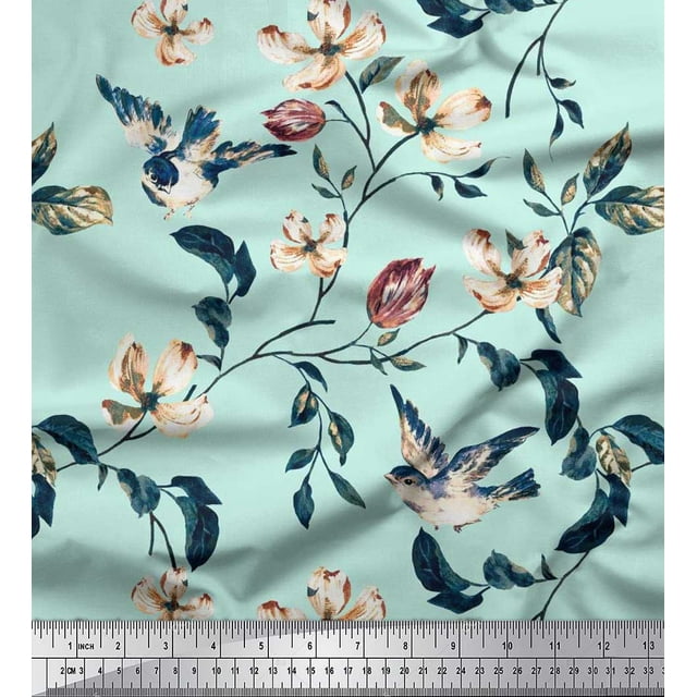 Soimoi Moss Georgette Fabric Robin,Leaves & Wildflower Floral Decor Fabric Printed Yard 42 Inch Wide