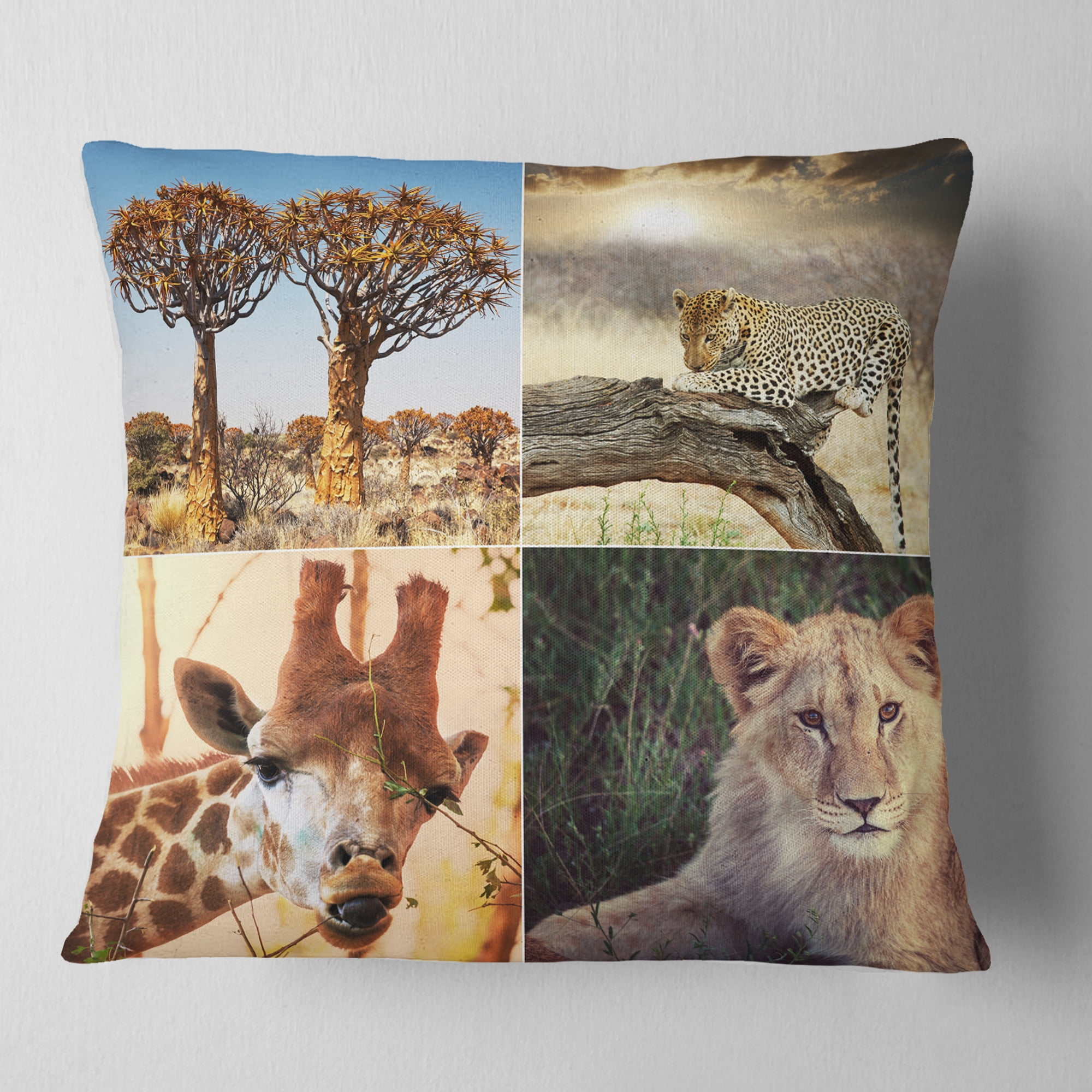 Designart African Safari Wildlife Collage - African Landscape Printed Throw Pillow - 18x18
