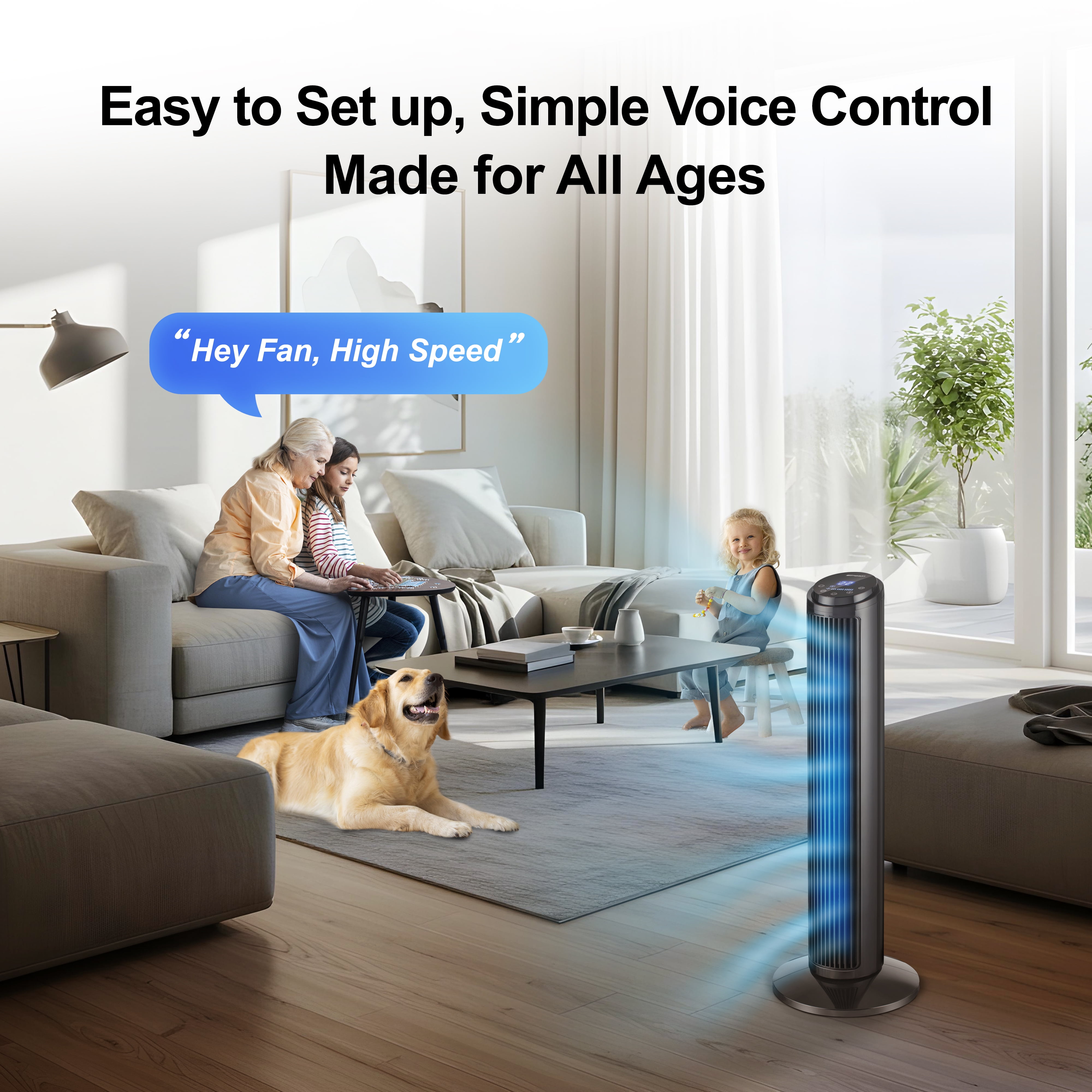 Emerson SmartVoice 29" Bladeless Tower Fan – Quiet 70° Oscillating Fan with Offline Voice Control, 3 Speeds, 15-Hour Timer, Sleep Mode, Remote Control