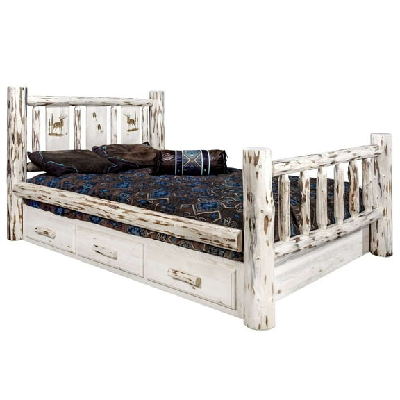 Montana Collection Twin Storage Bed w/ Laser Engraved Elk Design, Ready to Finish