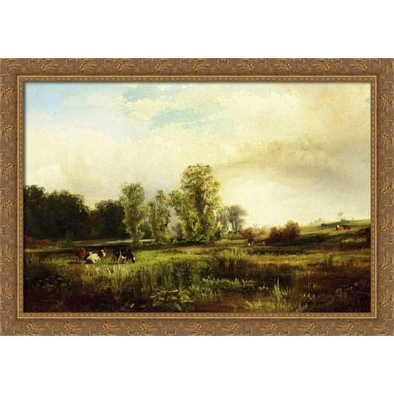 Summer Landscape with Cows 40x28 Large Gold Ornate Wood Framed Canvas Art by Thomas Moran