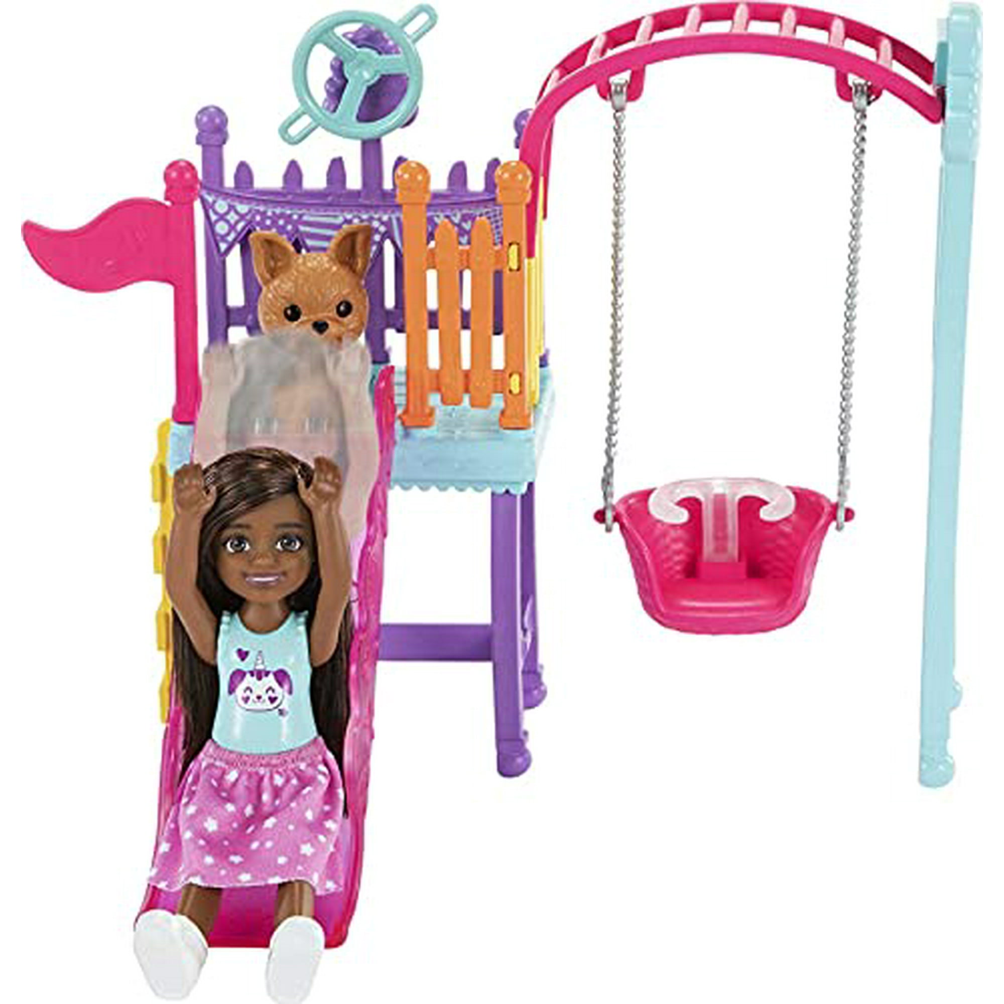 Barbie Chelsea Swing Set Playset with Chelsea Doll 6 in Brunette Wearing Star Print Skirt Pet Puppy Swing Slide Gift for 3 to 7 Year Olds Walmart
