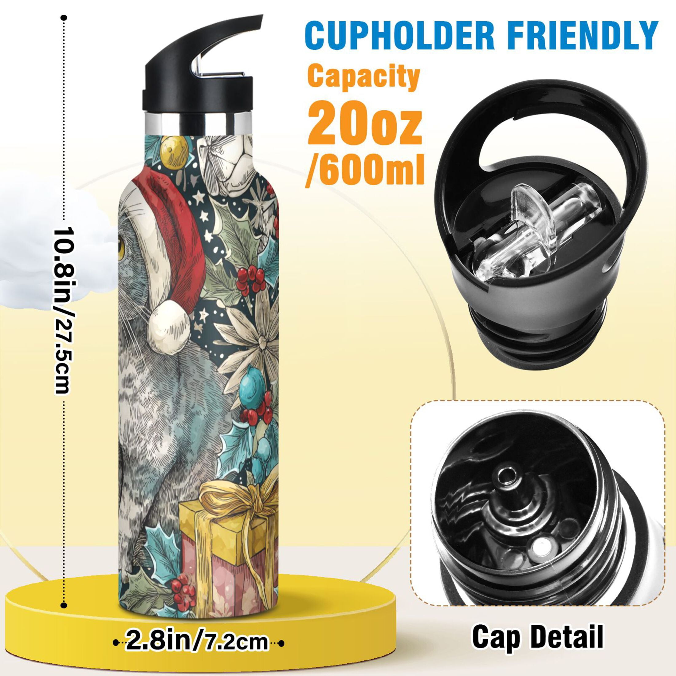 600ML Stainless Steel Insulated Cup Sports Water Bottle Portable Thermos Cup Water Glasses Insulated Tumblers Convenient and Durable Magical Christmas Cartoon Cat