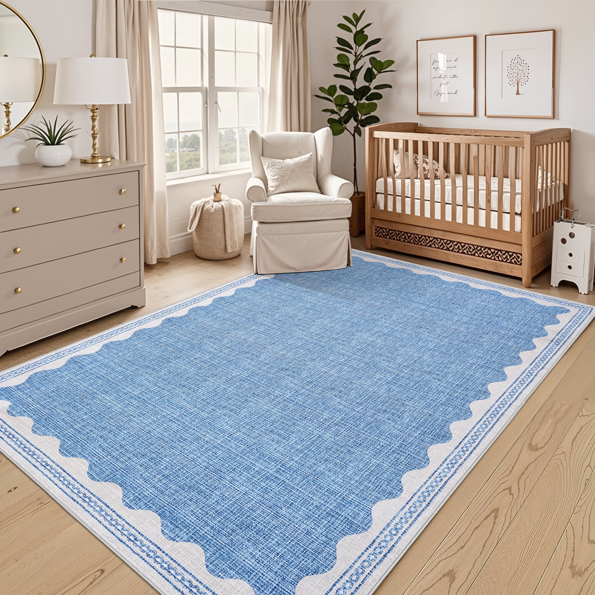 Tzou Modern Scalloped Border Washable Rugs 9' x 12', Non-Slip Low Pile Area Rug for Living Room, Machine Washable Stain Resistant Carpet