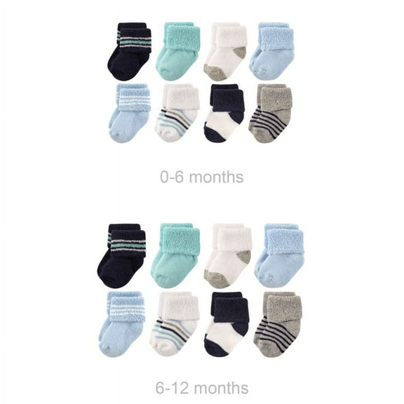 Luvable Friends Infant Boy Grow with Me Cotton Terry Socks, Mint Gray Navy Stripes, 0-6 and 6-12 Months