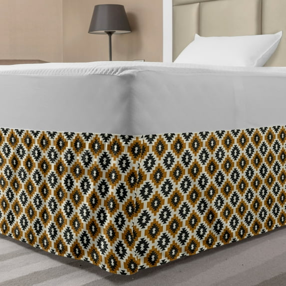 Ethnic Bed Skirt, Orient Aztec Pattern Ornamental and Traditional Illustration, Elastic Bedskirt Dust Ruffle Wrap Around for Bedding Decor, 4 Sizes, Dark Grey Ginger, by Ambesonne