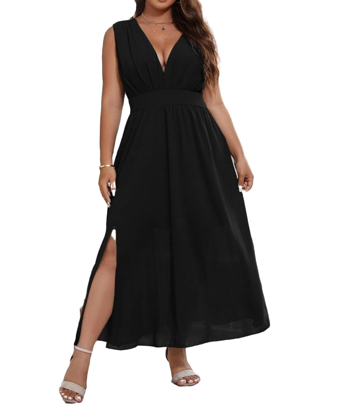 Womens Plus Size Dresses Sexy Plain Deep V Neck A Line Black 0XL