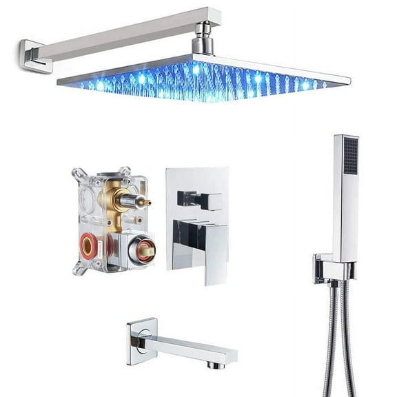 Chrome Shower Faucet Set with Valve Wall mount 8"LED Rainfall Head Tub Spout Kit